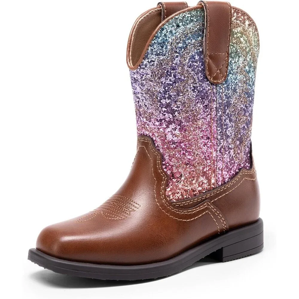 ⚡Girls Brown Multi Toddler Cowgirl Boot Western Square Toe Riding Mid Calf Boots